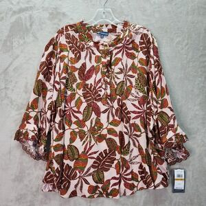 Democracy Womens Plus 1X Floral Leaf Print Ruffle‎ Sleeve Button Down Blouse Top